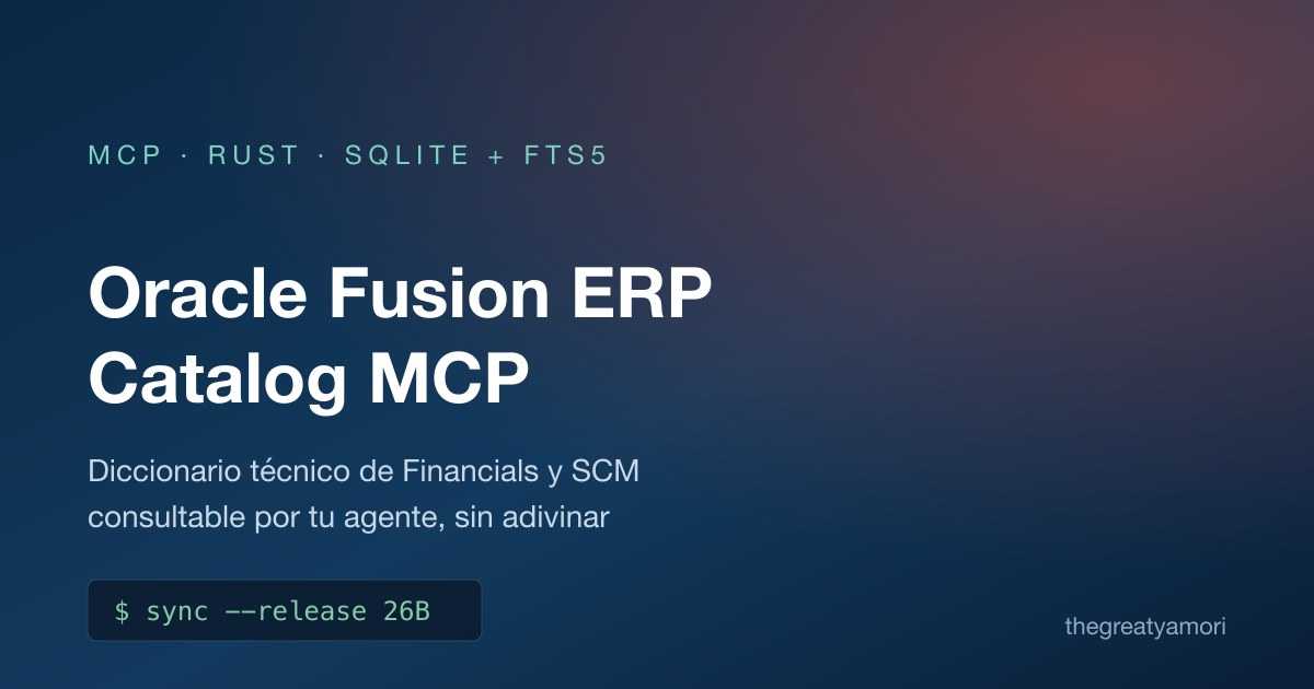 Nació de un problema concreto: construir reportes BI sobre Oracle Fusion con un agente que se inventa tablas y columnas. Indexé la documentación de las tablas en SQLite + FTS5 y lo expuse como servidor MCP en Rust. Un MCP en Rust para consultar la documentación de las tablas de Oracle Fusion ERP